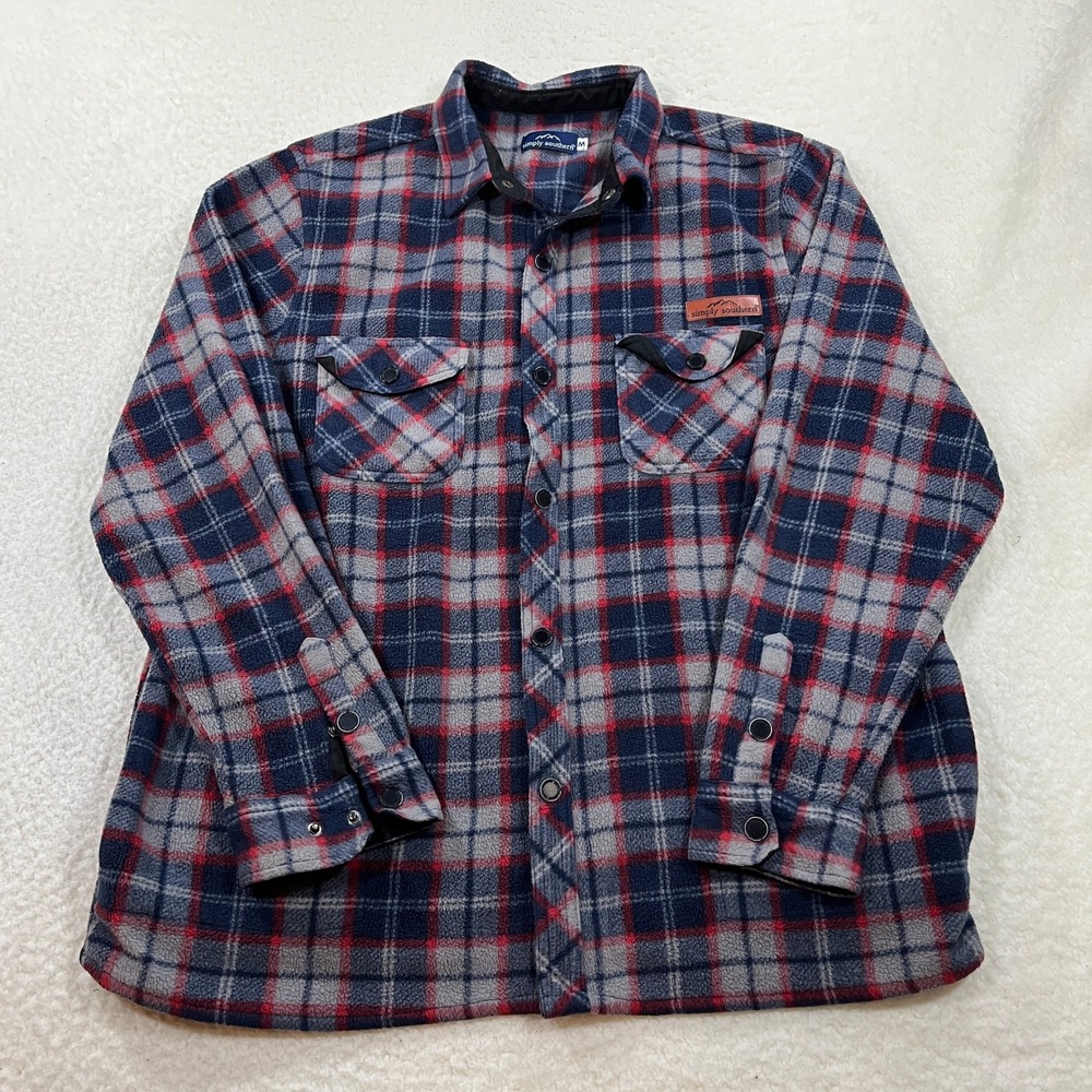 Simply Southern Fleece Shirt Mens Medium Blue Red Plaid Snap Button Shacket 7539